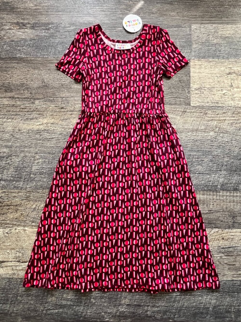 NWT Dot Dot Smile Scoopneck Maxi Dress Red Pink Striped Geo 3/4